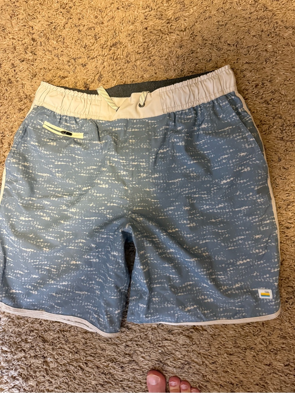 Vuori Blue Patterned Swim Trunks with Cream Waistband